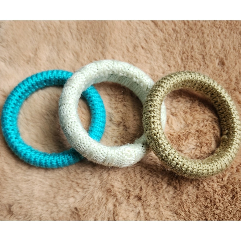 Set of 3 Woven Wrapped Sweater Bangle Bracelets Teal, Cream & Gray - Picture 3 of 4